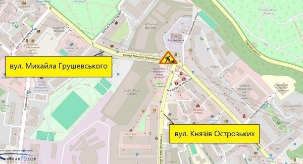 Рух на вулиці Михайла Грушевського в Печерському районі буде обмежено з 9 червня через пошкодження водопроводу.