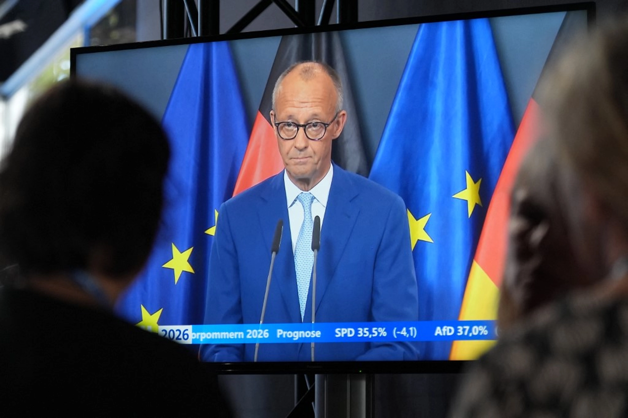 Канцлер Німеччини Фрідріх Мерц виступає перед телекамерами в телестудії в Шверіні 20 вересня 2026 року після регіональних виборів у Мекленбурзі-Передній Померанії.